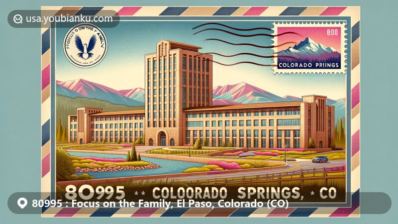 Modern illustration of Focus on the Family headquarters in Colorado Springs, Colorado, featuring iconic architecture and natural scenery, including Pikes Peak, with postal theme highlighting ZIP code 80995.