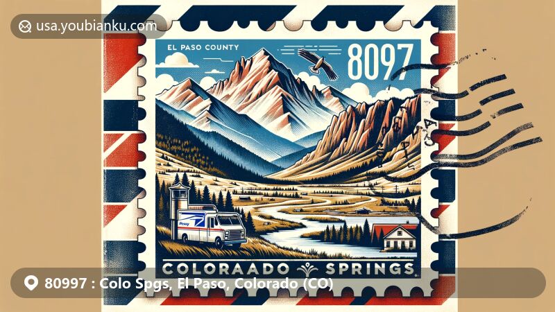 Modern illustration of Colorado Springs, El Paso County, Colorado, featuring ZIP code 80997, highlighting Pikes Peak, iconic landmark, natural beauty, and adventurous lifestyle.