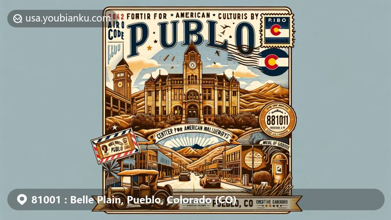 Modern illustration of Belle Plain, Pueblo, Colorado, showcasing historical and cultural landmarks like Rosemount Museum, Center for American Values, and Frontier Pathways Scenic Byway, with postal themes and Colorado state symbols.