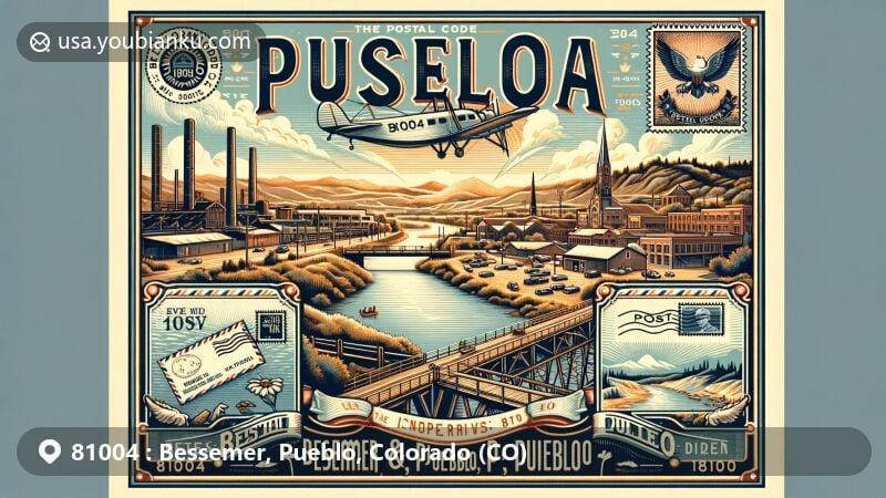 Modern illustration of Bessemer, Pueblo, Colorado, highlighting ZIP code 81004, featuring iconic landscapes along the Arkansas River and the steel industry's historic vibes, known as 'Steel City'. Vintage-style postcard includes postal elements and references to Pueblo's history and the Colorado Gold Rush of 1859.