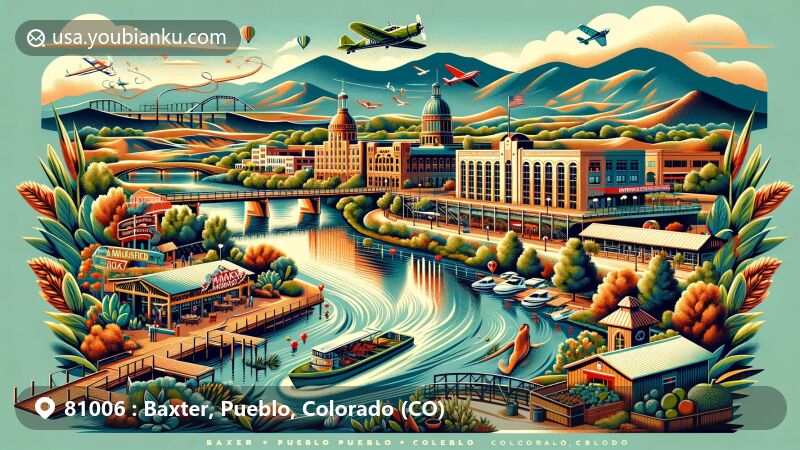 Modern illustration of Baxter, Pueblo, Colorado, showcasing local landmarks like Historic Arkansas Riverwalk, Lake Pueblo State Park, Pueblo Creative Corridor, aviation theme, and agricultural richness.