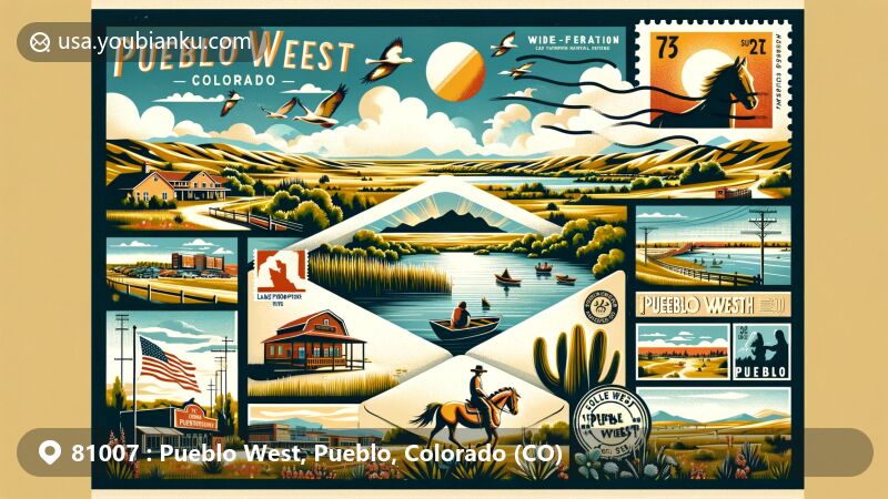 Creative illustration of Pueblo West, Colorado, blending postal theme with the area's natural beauty and local culture, featuring Lake Pueblo State Park, historical landmarks, and recreational attractions.