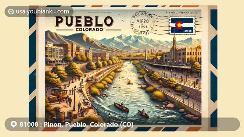 Modern illustration of Pueblo, Colorado, blending iconic elements like Historic Arkansas Riverwalk and Sangre de Cristo Arts Center with majestic mountain views, all framed in a postal theme with Colorado State Flag stamp.