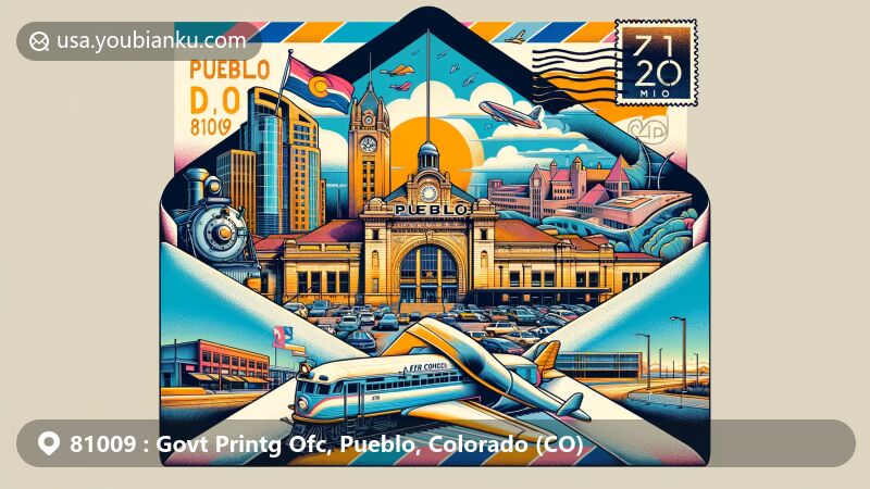 Modern illustration of Pueblo, Colorado, showcasing postal theme with ZIP code 81009, featuring iconic landmarks like Pueblo Union Depot, Minnequa Steel Works Office Building, Colorado State University-Pueblo, and Pueblo County Courthouse.