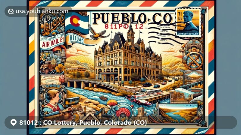 Modern illustration of Pueblo, Colorado, inspired by ZIP code 81012, featuring a vintage air mail envelope design highlighting city landmarks, including Historic Arkansas Riverwalk and Minnequa Steel Works, with nods to cultural diversity and state pride.