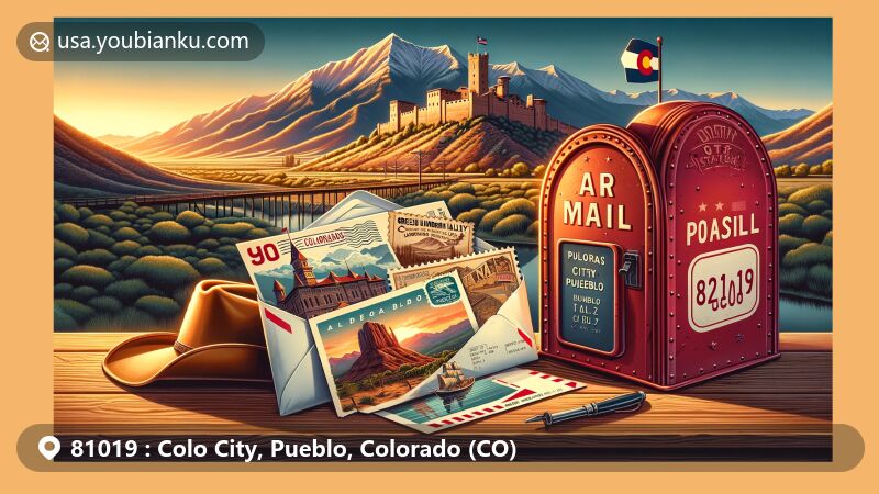 Modern illustration of Colorado City and Pueblo, Colorado, blending natural beauty with a postal theme, featuring Greenhorn Valley, Sangre de Cristo Mountains, Bishop Castle, and Pueblo's Historic Arkansas Riverwalk, with steel industry heritage and Colorado state symbols.