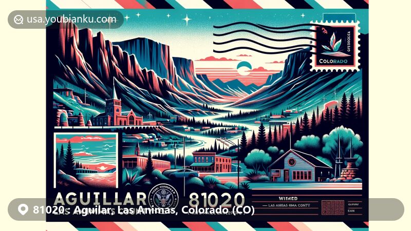 Modern illustration of Aguilar, Las Animas County, Colorado, capturing essence of ZIP code 81020, featuring Spanish Peaks, San Isabel National Forest, Antonio Lopresto Building, and 'The Hogback'.
