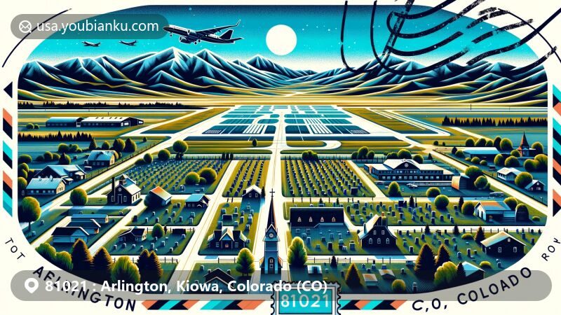Modern illustration of Arlington, Kiowa, Colorado, highlighting Arlington Auxiliary Army Air Field runways and Arlington Cemetery, shaped as a postcard with 'Arlington, Kiowa, CO 81021' text, stamp outline, and postmark effect, showcasing Colorado's natural beauty.