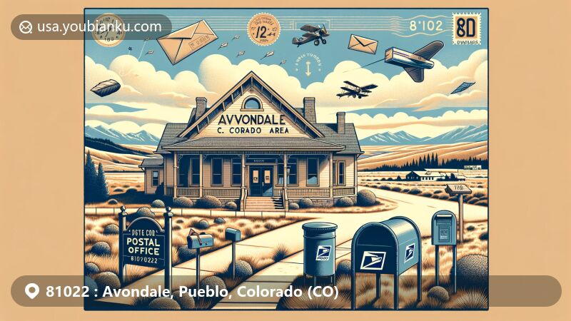 Modern illustration of Avondale, Colorado area with postal theme, highlighting rural charm and scenic landscape, featuring antique mailbox, scattered letters, and postman's bag.