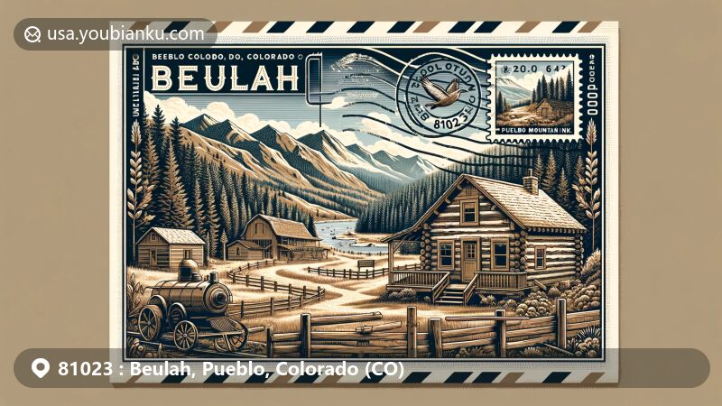 Modern illustration of Beulah, Colorado, highlighting unique charm through postcard design with lush landscapes, Pueblo Mountain Park, and historical Dotson Cabin, featuring vintage postage elements and Zip Code 81023 postmark.