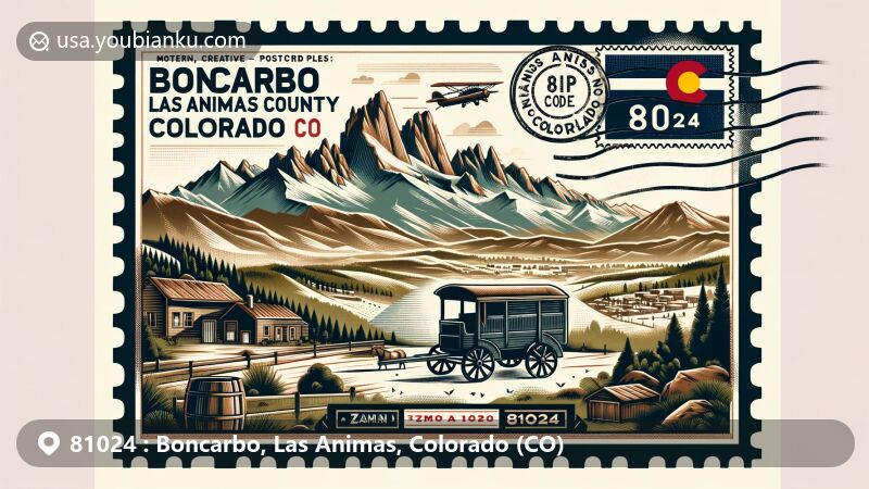 Modern illustration of Boncarbo, Las Animas County, Colorado, featuring Spanish Peaks, Colorado state flag, postal elements with ZIP code 81024, in a creative postcard design.