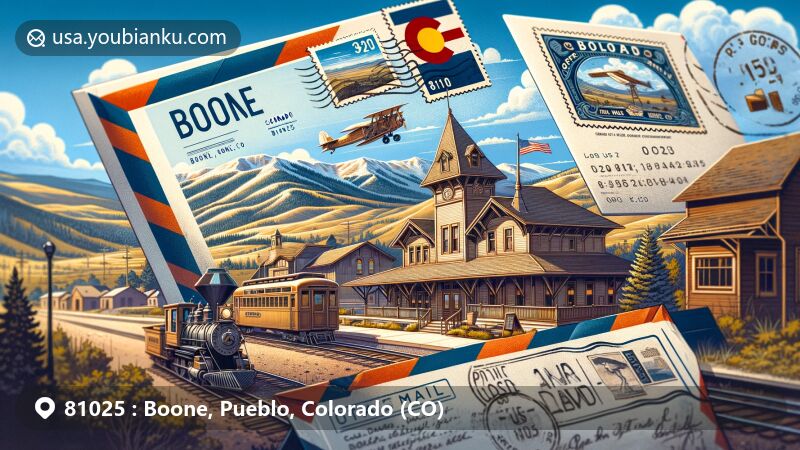 Modern illustration of Boone, CO, Pueblo County, Colorado, showcasing historical Santa Fe Railroad depot, now town hall, with Colorado's natural landscape backdrop of mountains and plains, featuring vintage air mail envelope and postcard displaying ZIP code 81025, Colorado state flag postage stamp, and 'Boone, CO' postal mark.