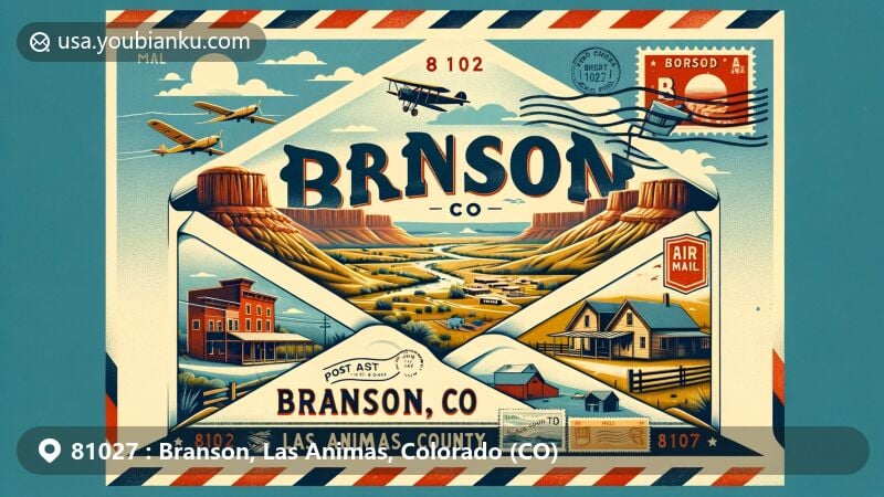 Modern illustration of Branson, Las Animas County, Colorado, featuring postal theme with ZIP code 81027, showcasing town's geographical features and historic charm.