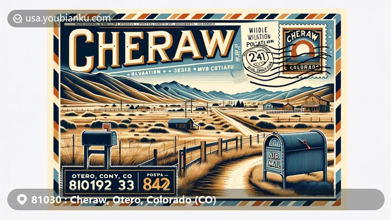 Contemporary illustration of Cheraw, Otero County, Colorado, inspired by vintage air mail design, showcasing rural charm and postal symbols like a postage stamp and antique mailbox.