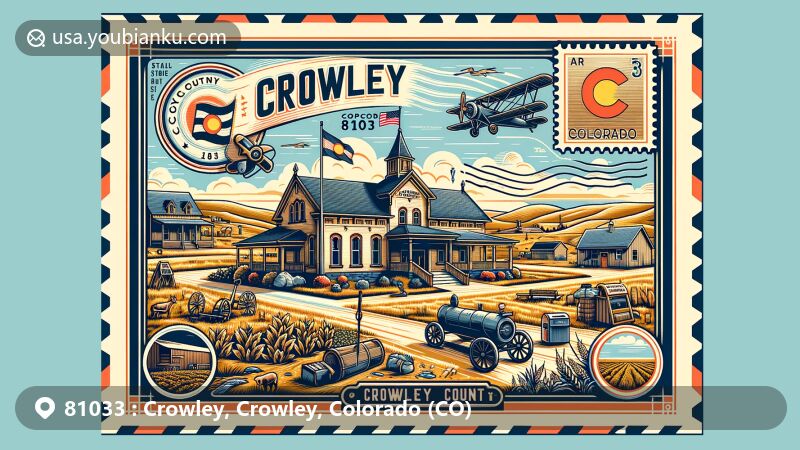 Modern illustration of Crowley, Crowley County, Colorado, highlighting postal theme with ZIP code 81033, featuring the Crowley County Heritage Center and elements representing peaceful rural life, agriculture, the great outdoors, and community.