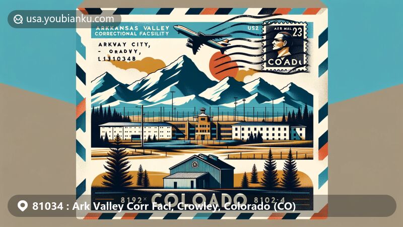 Modern illustration of Arkansas Valley Correctional Facility in Ordway, Crowley County, Colorado, featuring ZIP code 81034 and postal theme.