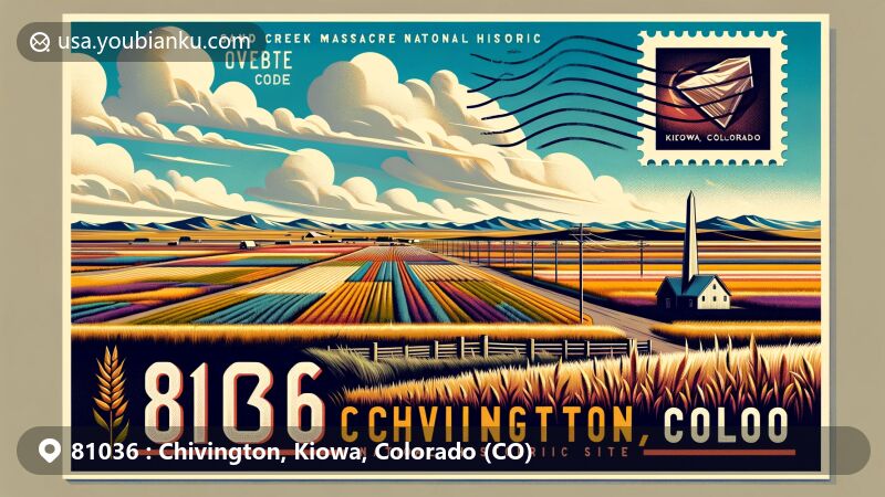 Modern illustration of Chivington, Kiowa County, Colorado, capturing the agricultural landscapes with prairies and grasslands under wide skies, showcasing Colorado's Great Plains, including subtle tribute to Sand Creek Massacre National Historic Site and postal elements like vintage stamp and air mail envelope.