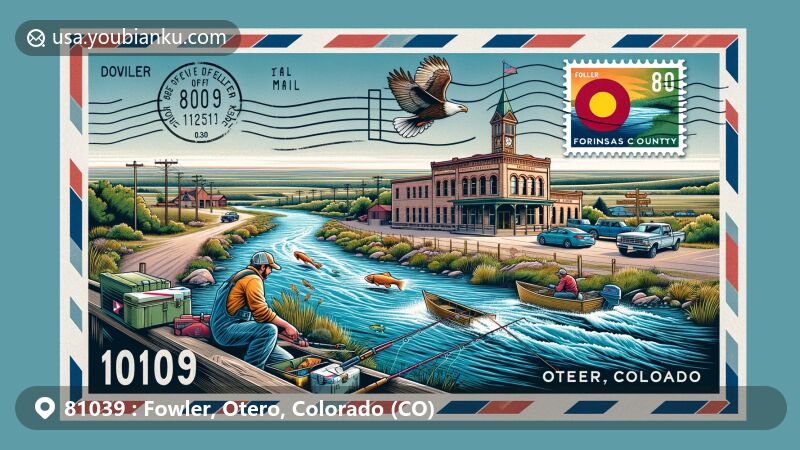 Modern illustration of Fowler, Otero County, Colorado, showcasing postal theme with ZIP code 81039, featuring the Arkansas River, historic Fowler State Bank building, and outdoor activities like fishing.