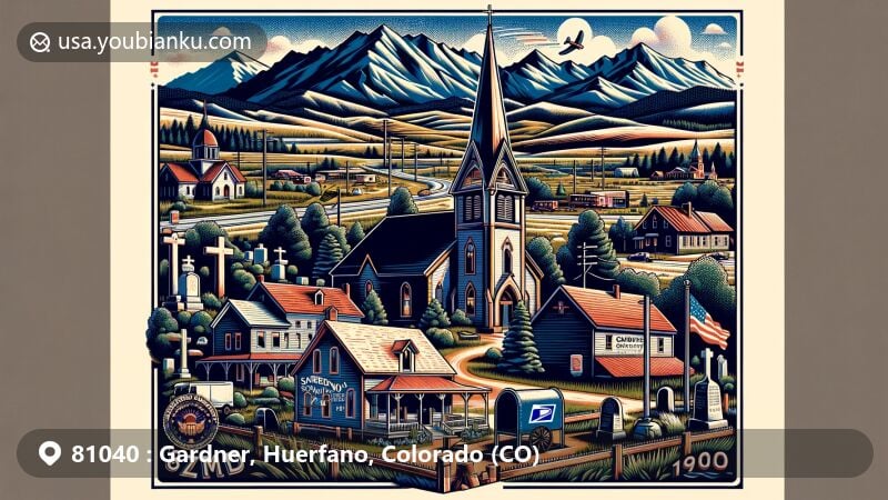 Modern illustration of Gardner, Colorado, in Huerfano County, capturing small-town charm and natural beauty with iconic landmarks like Sacred Heart Catholic Church, Gardner Butte, and the Gardner Cemetery, against the vast Colorado landscape. Features postal heritage elements like an old-fashioned post office, ZIP code 81040, vintage mailbox, letters, and a creative Colorado state flag stamp.