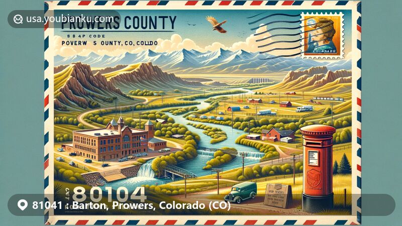 Modern illustration of Barton, Prowers County, Colorado, combining postal theme with ZIP code 81041, featuring natural landscapes and cultural elements like local schools, post offices, and courthouse.