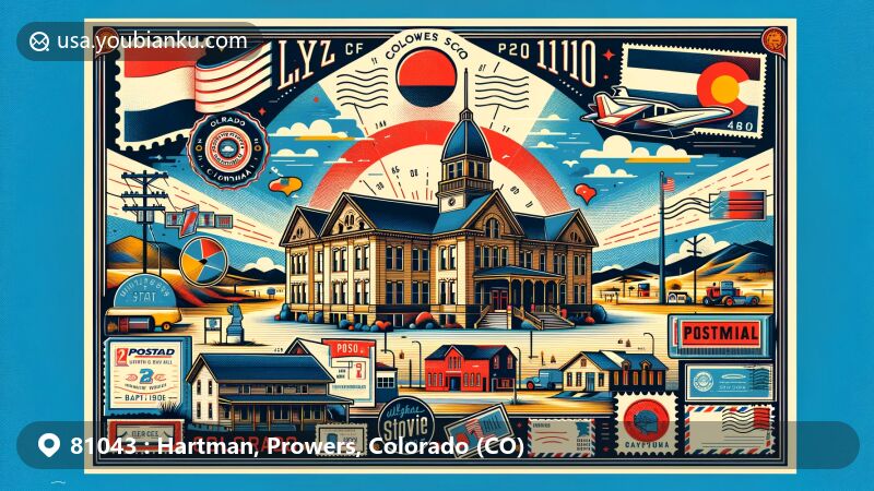 Artistic representation of Hartman, Prowers County, Colorado, showcasing the old Hartman Gymnasium and postal theme with ZIP code 81043, featuring vintage postcard layout with state symbols.