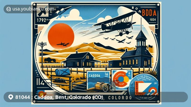 Modern illustration of Caddoa, Bent County, Colorado, incorporating postal themes with ZIP code 81044, showcasing Bent's Old Fort National Historic Site and Colorado's natural beauty.