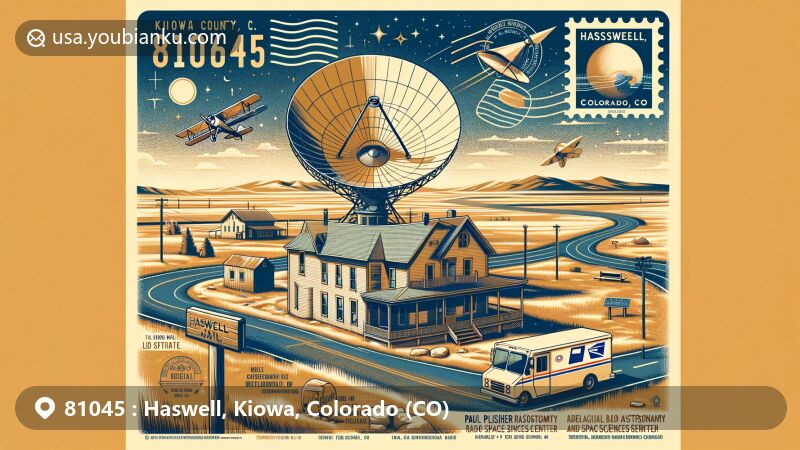 Modern illustration of Haswell, Kiowa County, Colorado, depicting ZIP code 81045 with iconic landmarks like the large Haswell jail, the Paul Plishner Radio Astronomy and Space Sciences Center with a parabolic dish antenna, and the historic Haswell Community Building in a panoramic Colorado landscape.
