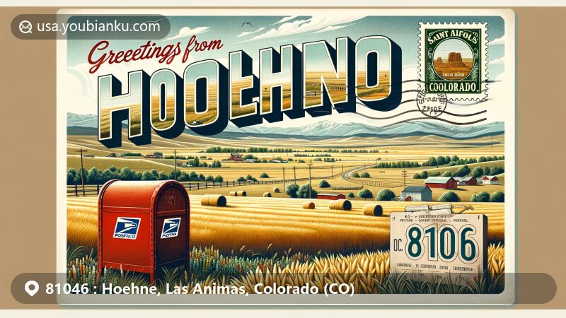 Modern illustration of Hoehne, Colorado, showcasing rural landscape and agricultural heritage with fields of alfalfa and grass hay, featuring vintage postcard with postal symbols and Santa Fe Trail marker.