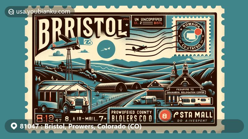 Modern illustration of Bristol, Prowers County, Colorado, featuring vintage postcard design with Prowers County silhouette, landscapes, Granada Relocation Center, Holly Santa Fe Depot, and Colorado state flag, including ZIP code '81047' and postal elements.