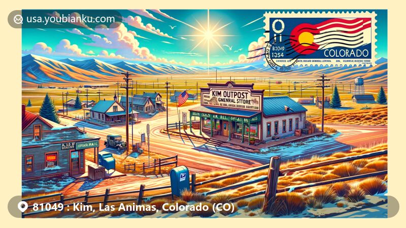 Modern illustration of Kim, Colorado, showcasing semi-arid climate, high elevation landscape, sunny skies, hint of snow, and Kim Outpost General Store, with flat lands and distant mountains in the background.