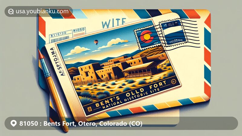 Modern illustration of Bents Fort, Otero, Colorado (CO), with an open airmail envelope containing a postcard showcasing Bent's Old Fort National Historic Site. The adobe structure and surrounding landscape of this historical site are artistically depicted, inviting exploration of Bents Fort history and beauty. Simplified design of the Colorado state flag on a stamp in the envelope's corner, with a postmark reading '81050 Bents Fort, CO', reflecting the postal code's identity.