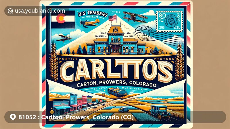 Modern illustration of Carlton, Prowers County, Colorado, with vintage air mail envelope framing key landmarks and cultural symbols, featuring Big Timbers Museum and characteristic southeastern Colorado landscape.