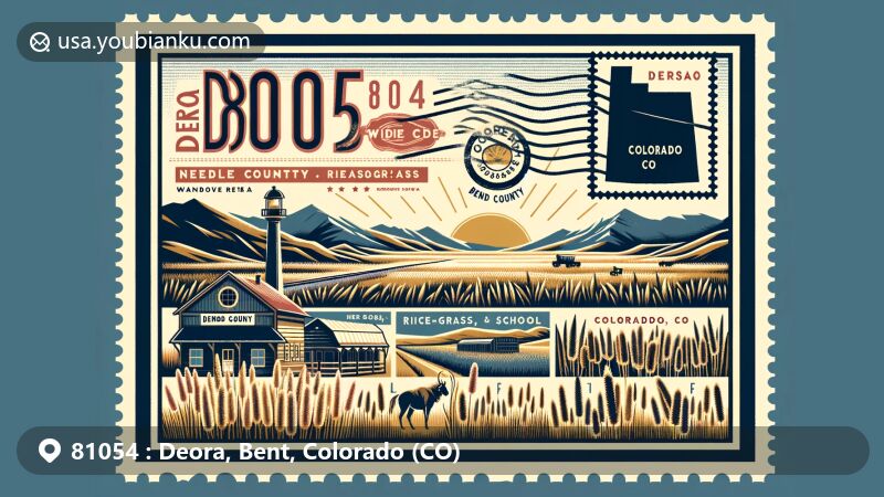 Modern illustration of Deora, Bent County, Colorado, showcasing postal theme with ZIP code 81054, featuring local grass species like needlegrass, dropseed, and switchgrass, along with iconic mountain silhouette border.