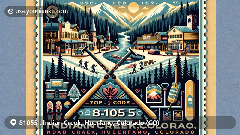 Vintage illustration of Indian Creek in Huerfano County, Colorado, highlighting Cuchara Mountain Park and Cuchara village, featuring outdoor recreational activities like skiing and hiking, and symbols of Colorado's history and lifestyle, with a postal theme and ZIP code 81055.