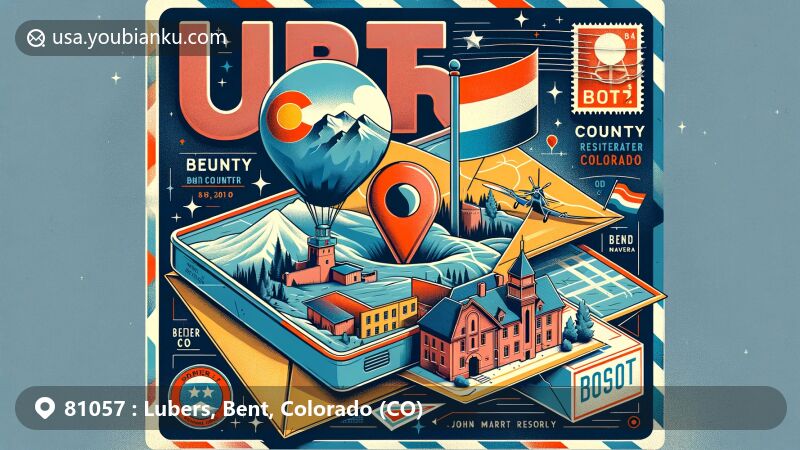 Creative depiction of Lubers, Bent County, Colorado, ZIP code 81057, combining postal theme with local landmarks, showcasing Bent's Old Fort National Historic Site and Rocky Mountains.