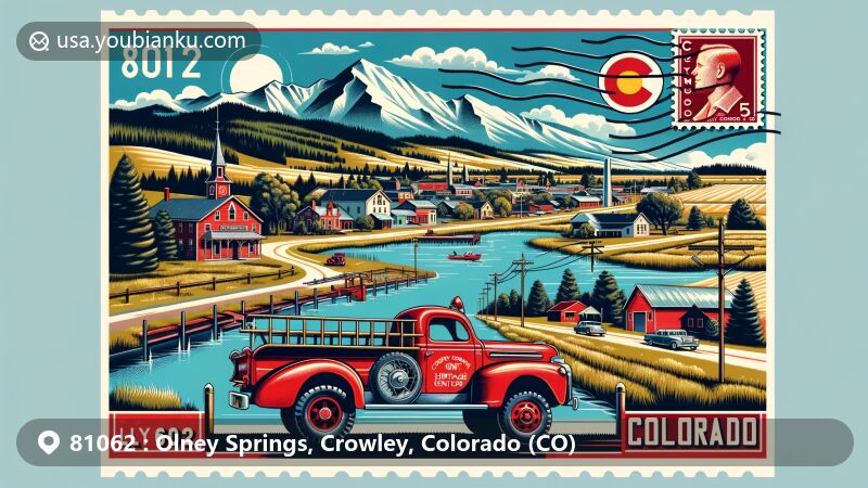 Modern illustration of Olney Springs, Crowley County, Colorado, showcasing postal theme with ZIP code 81062, featuring Crowley County Heritage Center and scenic fishing ponds.