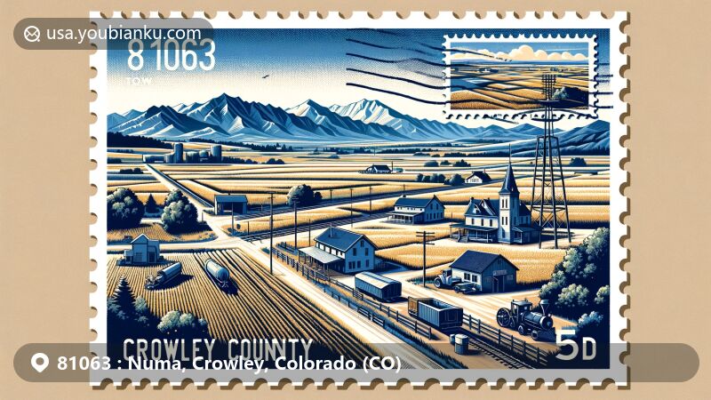Modern illustration of Numa, Crowley County, Colorado, highlighting ZIP code 81063, featuring eastern Colorado's open fields, Rocky Mountains, small-town streetscape, and postal elements like vintage stamp and postmark.