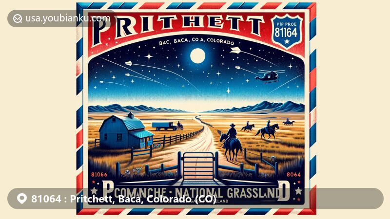 Contemporary illustration of Pritchett, Baca, Colorado, featuring postal theme with ZIP code 81064, showcasing the Comanche National Grassland and star-filled night sky, embodying the area's pioneer history and dark sky qualities.