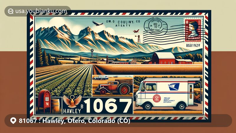 Modern illustration of Hawley, Otero County, Colorado, with ZIP code 81067, blending local and postal themes. Features Rocky Mountains backdrop, Otero County elements in foreground, and vintage air mail envelope with postal symbols.