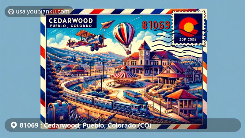 Modern illustration of Cedarwood, Pueblo County, Colorado, featuring historic Boone Santa Fe Railroad Depot, Bowen Mansion, and City Park Carousel, with vintage airmail envelope highlighting ZIP code 81069 and Colorado state flag stamp.