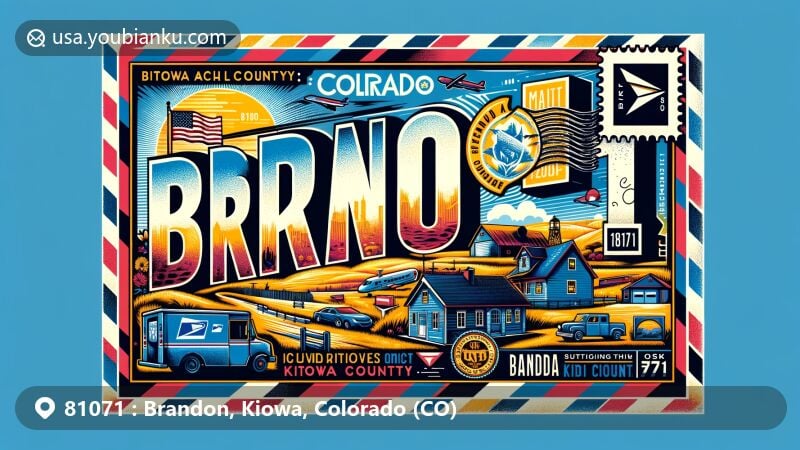 Modern illustration of Brandon, Kiowa County, Colorado, with ZIP code 81071, incorporating regional elements and postal motifs, including the Colorado state flag, rural landscape, and USPS symbols.