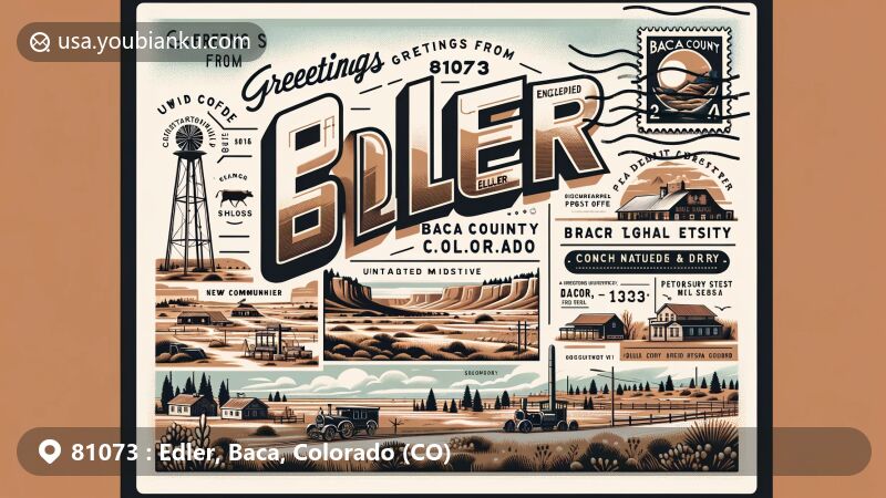 Modern illustration of Elder, Baca County, Colorado, featuring vintage postcard design with 'Greetings from 81073, Elder, Baca County, Colorado' at the top, showcasing history of Edler's post office, dairy industry, and Comanche National Grassland.