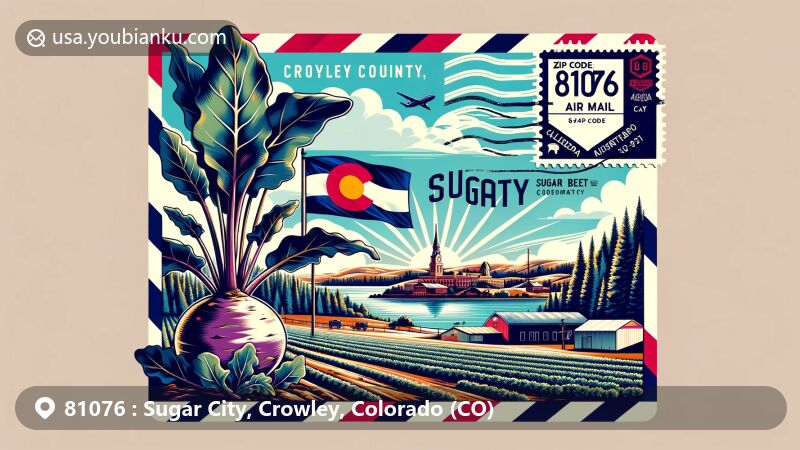 Modern illustration of Sugar City, Crowley County, Colorado, featuring Lake Meredith, a sugar beet plant, air mail envelope with ZIP code 81076, and Colorado state flag.