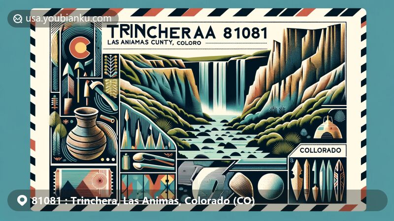 Creative illustration of Trinchera area, Las Animas County, Colorado, integrating Trinchera Cave Archaeological District with Apishapa Phase artifacts and Trinchera Falls in a modern postcard style.