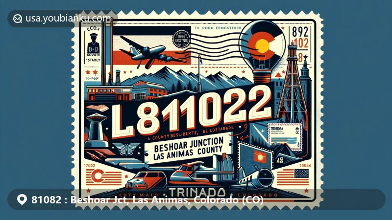 Modern illustration of Beshoar Junction, Las Animas County, Colorado, with postal theme and ZIP code 81082, featuring Colorado state symbols and postal elements.