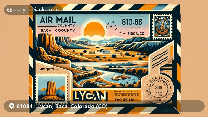 Modern illustration of Lycan, Baca County, Colorado, featuring open air mail envelope with scenic view of Carrizo Canyon and Two Buttes Reservoir. Includes elements of Santa Fe Trail, vintage postage stamp, and ZIP code 81084.