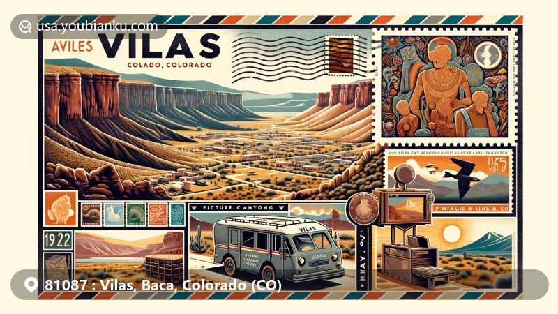 Modern illustration of Vilas, Baca County, Colorado, fusing postal theme with Carrizo Canyon and rock art, featuring Picture Canyon paintings and postal elements like stamps and vintage postmark.