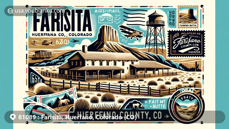 Modern illustration of Farisita, Huerfano County, Colorado, featuring historic Montoya Ranch and Huerfano Butte, with vintage airmail envelope highlighting postal code 81089.