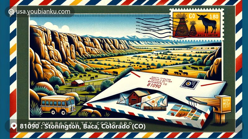 Modern illustration of Stonington, Baca County, Colorado, depicting a vintage postal envelope with a view of Picture Canyon and petroglyphs of Crack Cave, embodying the rich Native American heritage of the area.