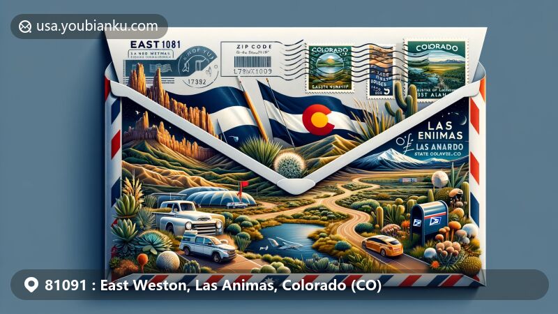 Modern illustration of East Weston, Las Animas County, Colorado, showcasing postal theme with ZIP code 81091, featuring state flag and seal of Colorado, Bosque del Oso SWA, North Lake State Wildlife Area, and Highway of Legends Scenic Byway.